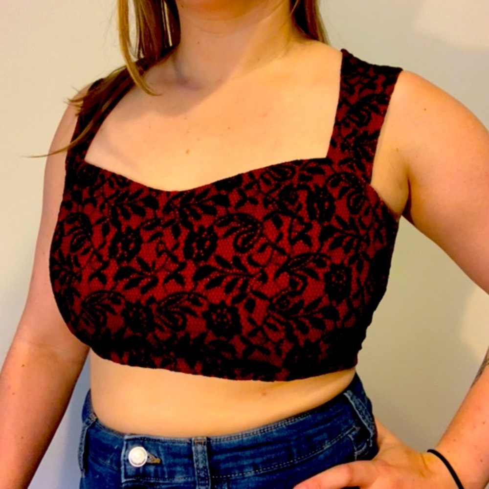 Red and black lace crop top